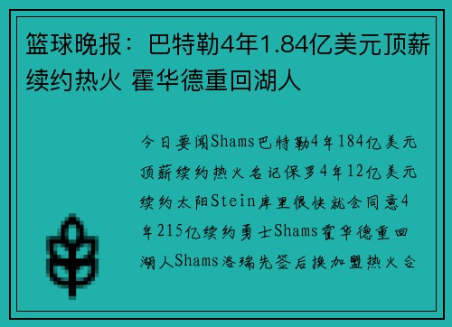 篮球晚报：巴特勒4年1.84亿美元顶薪续约热火 霍华德重回湖人